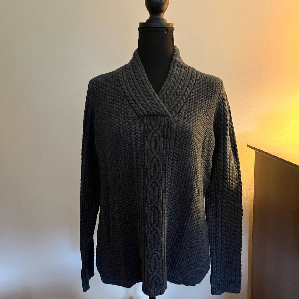 Vintage 100% Cotton Nautica Gray V-Neck Cable Knit Sweater